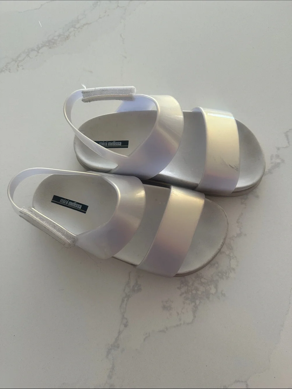 Mini Melissa Iridescent white slide‎ and Velcro toddler sandals size 10